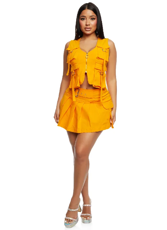 Buckle Detail Cargo Pocket Pleated Skirt wool skirt breathable