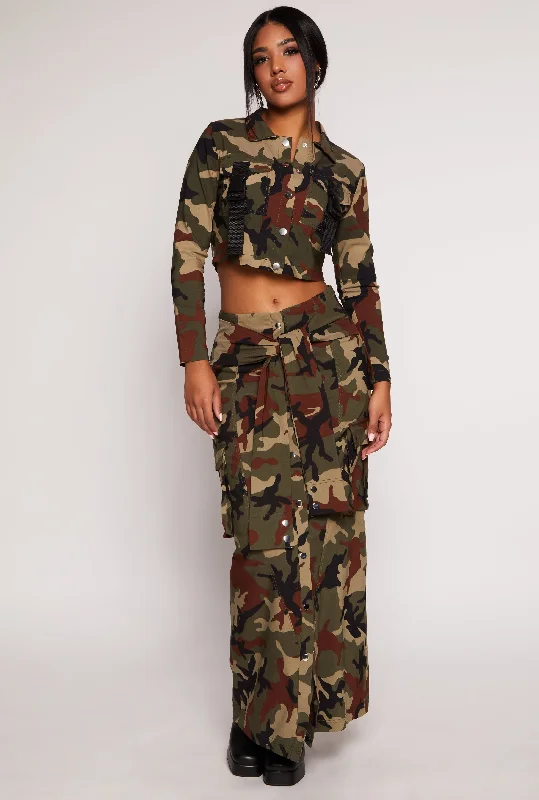 Camo Tie Front Maxi Cargo Skirt linen skirt natural