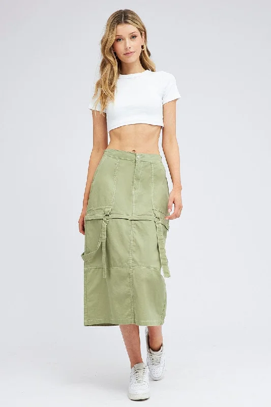 Green Cargo Skirt High Rise Elastic Two-way Midi Mini chiffon skirt delicate