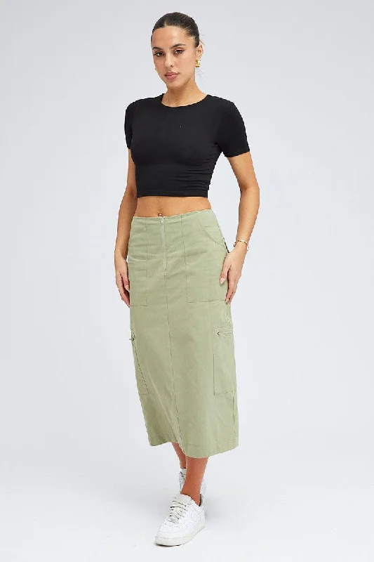 Green Cargo Skirt High Waist A-line Zip Detail Utility ruffled skirt detail