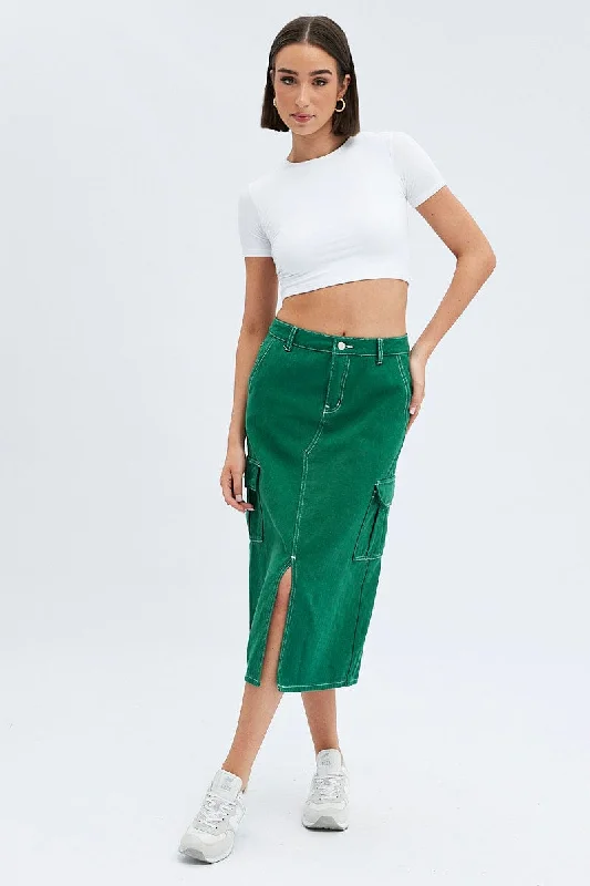 Green Midi Skirt Mid Rise A-line Cargo Contrast Stitch velvet skirt luxurious