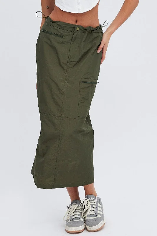 Green Parachute Skirt Cargo Mid Rise asymmetrical skirt cut