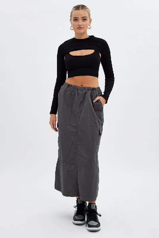 Grey Maxi Skirt Low Rise Cargo Parachute denim skirt stylish