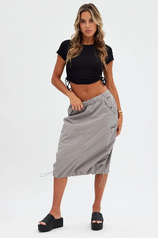 Grey Midi Skirt Mid Rise Cargo Drawstring Elastic Waist linen skirt relaxed