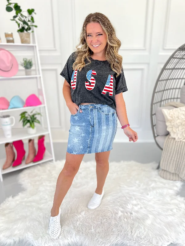 Judy Blue - Stars And Stripes Bleach Discharged Skirt - Final Sale corduroy skirt comfortable