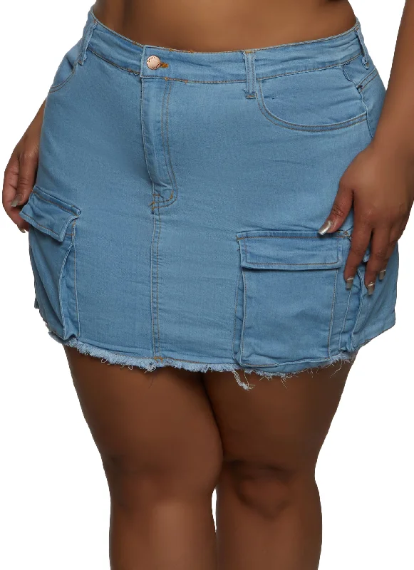 Plus Size Frayed Hem Cargo Pocket Mini Skirt linen skirt natural