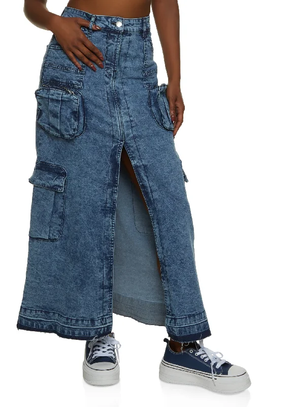 Denim Acid Wash Cargo Maxi Skirt wool skirt thick
