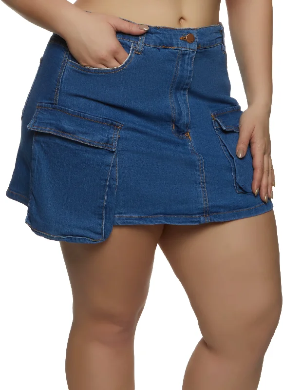 Plus Size Denim Cargo Pocket Mini Skirt silk skirt luxurious