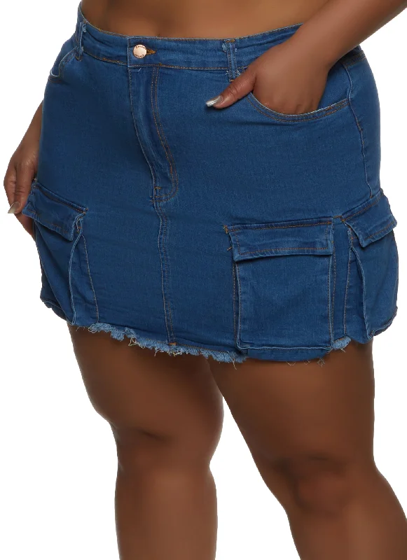 Plus Size Frayed Hem Cargo Pocket Mini Skirt high waist skirt