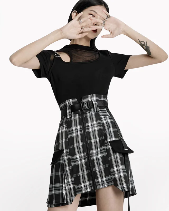 Punk High Waist Cargo Plaid Skirt zip skirt side