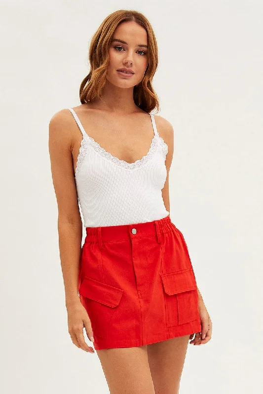 Red Mini Skirt Cargo Cotton Blend cotton skirt soft