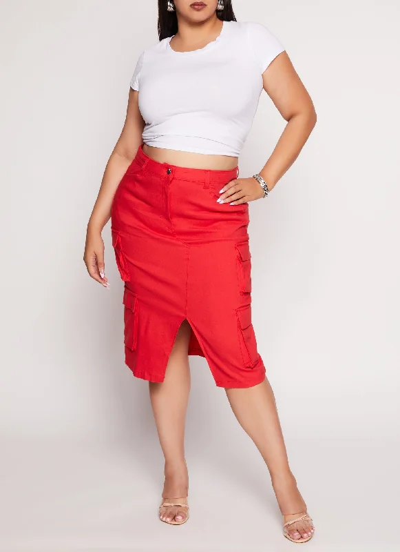 Plus Size Hyper Stretch Slit Front Cargo Skirt denim skirt casual