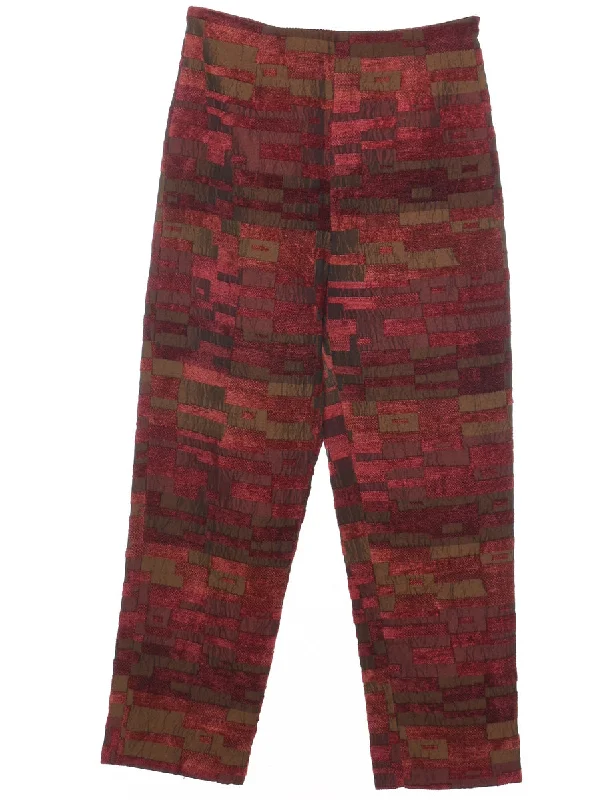 Tapered Maroon, Khaki & Brown Patterned Trousers - W28 L29