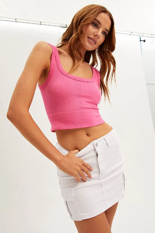 White Mini Cargo Skirt Low Rise Denim ruffled skirt detail