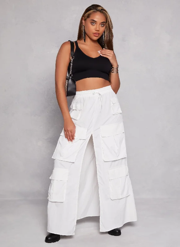 Nylon Drawstring Front Slit Maxi Cargo Skirt linen skirt light
