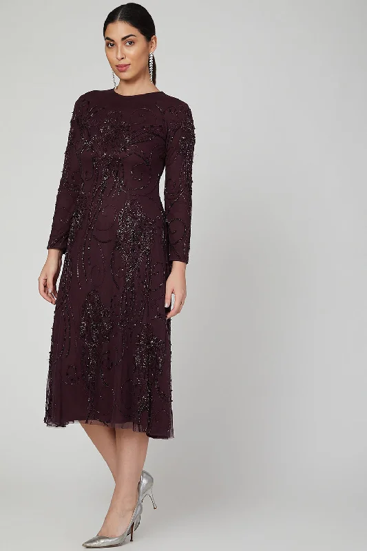 Sequins Embroidered Maroon Dress