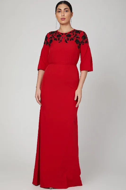 Sequins Rose Embroidered Red Dress