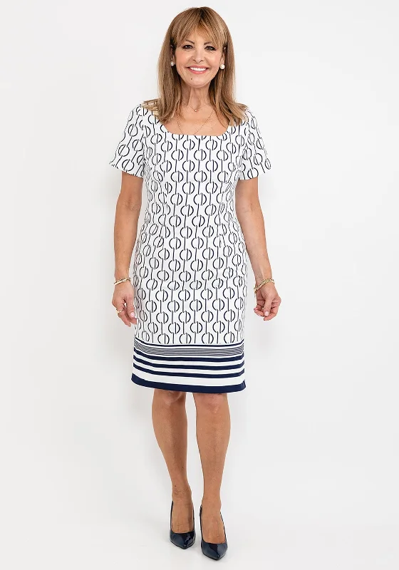 Badoo Link Print Pattern Pencil Dress, White & Navy