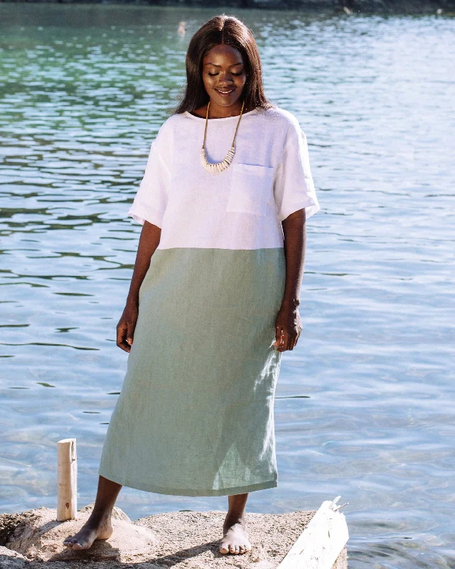 Color-block linen dress PALAWAN in Teal blue