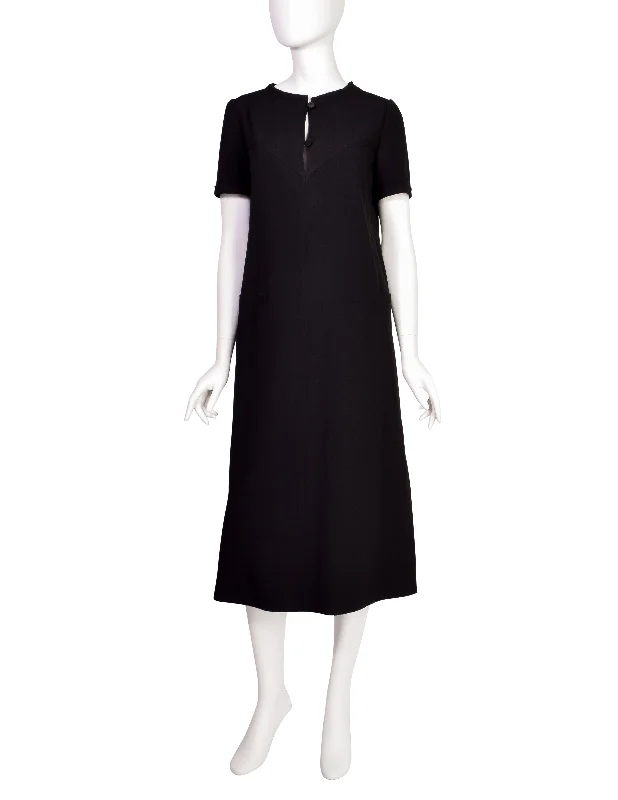 Courreges Vintage 1980s Black Herringbone Wool Dress