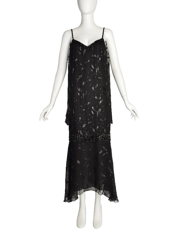 Holly's Harp Vintage 1980s Black Silk Chiffon Metallic Leaf Jacquard Beaded Fringe Gown Dress Holly's Harp Vintage 1980s Black Silk Chiffon Metallic Leaf Jacquard Beaded Fringe Gown Dress