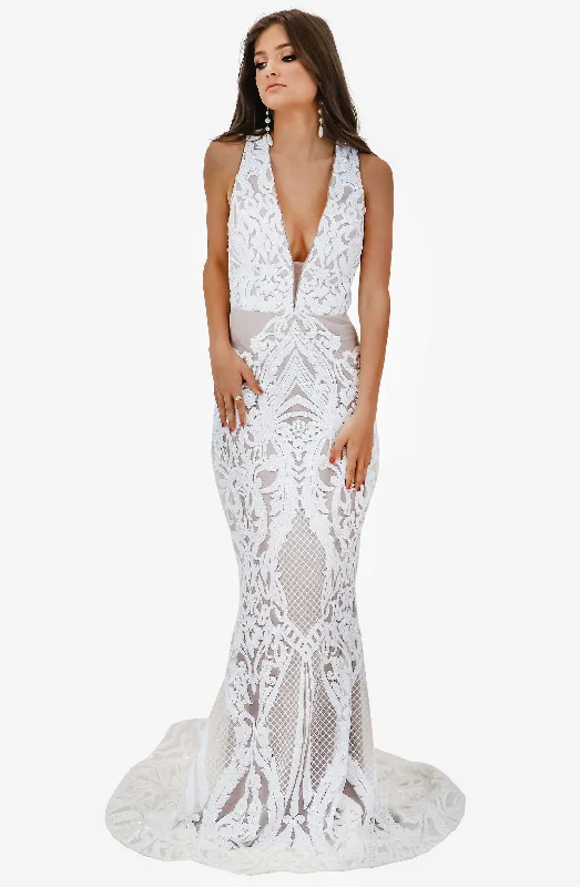 Jadore V Neck Ivory Sequin Gown by Jadore (JX1091)