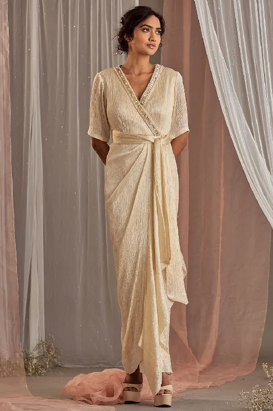Hand Embroidered Ivory Tie-Up Dress
