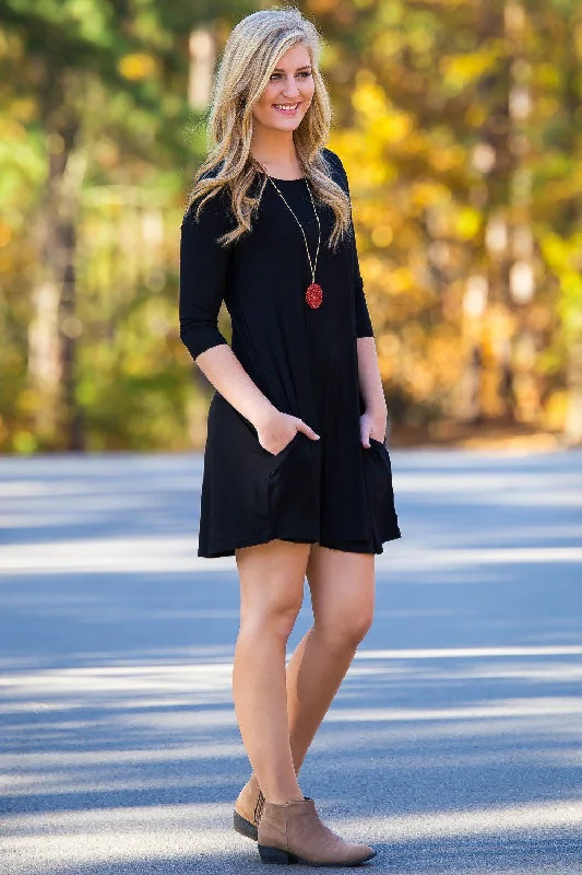 SALE-Piko 3/4 Sleeve Swing Dress - Black