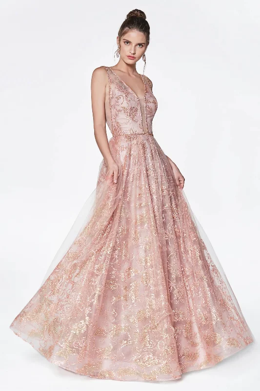 Cinderella Divine CJ271 Long V Neck Prom Dress Formal Ball Gown