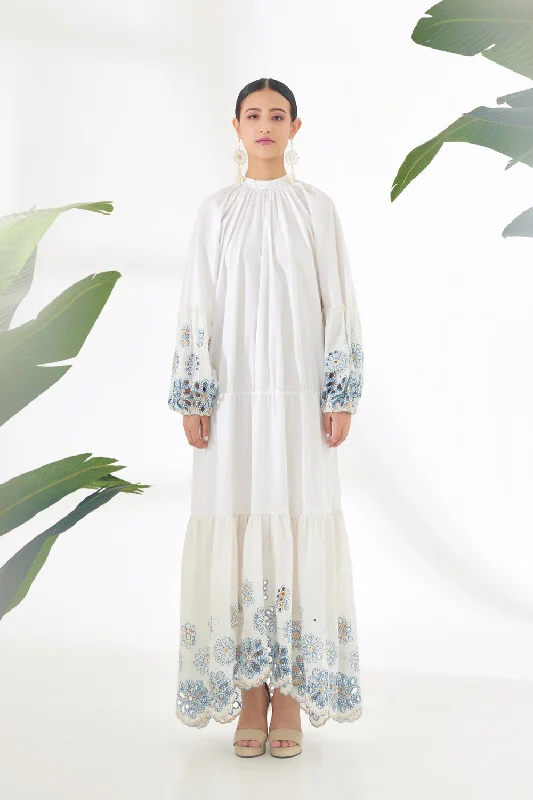 Ivory Hand Embroidered Mirror Work Schiffli Tier Dress