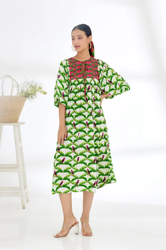 Off-White Hand Painted Parakeet Print Dress