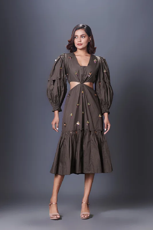 Olive Greeen Hand Embroidered Cutout Dress With Puffed Sleeves