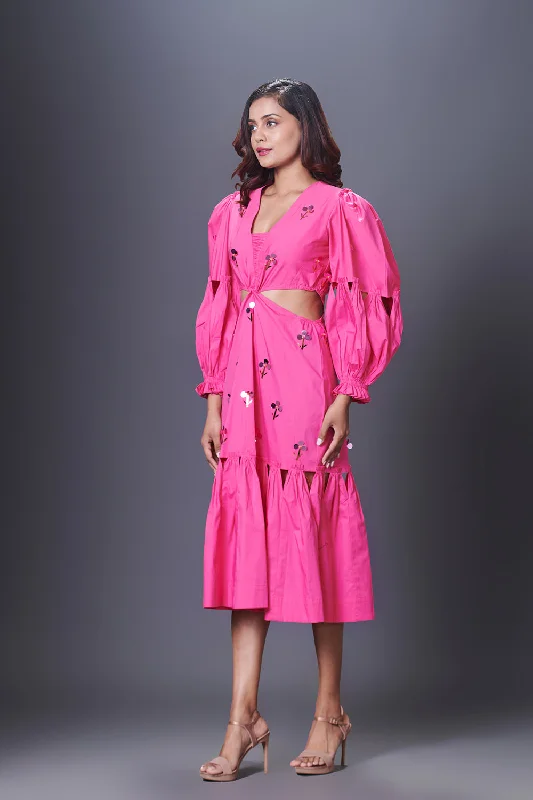 Pink Hand Embroidered Cutout Dress With Puffed Sleeves