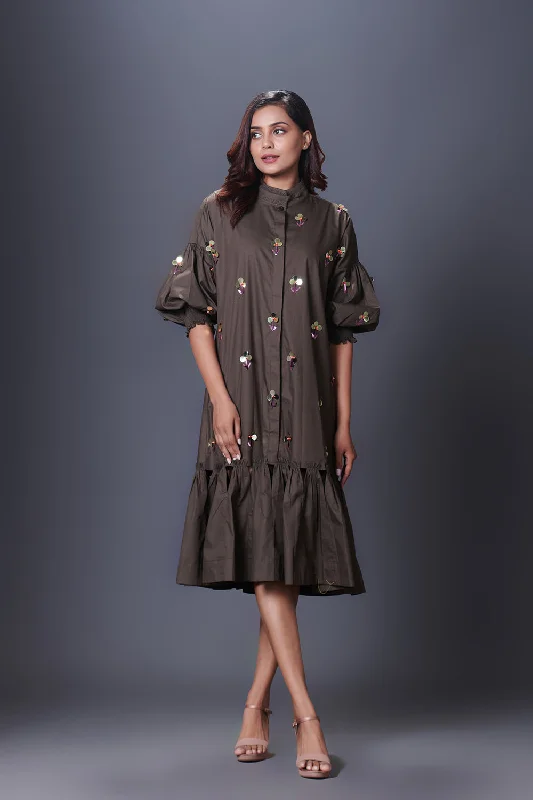 Olive Green Hand Embroidered Chinese Collar Puffed Sleeve Dress