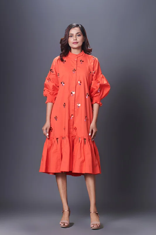 Orange Hand Embroidered Chinese Collar Puffed Sleeve Dress