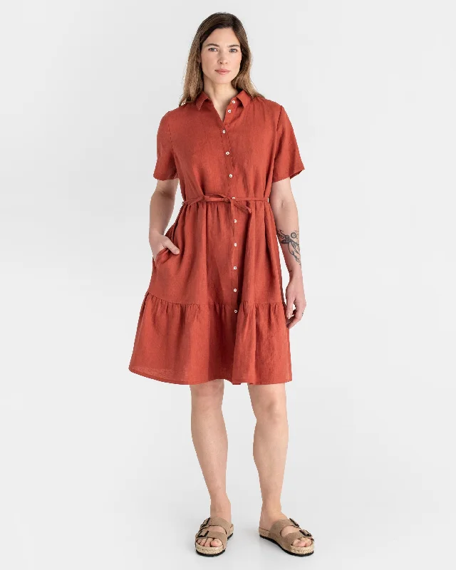 Tiered linen dress PETRA in Clay