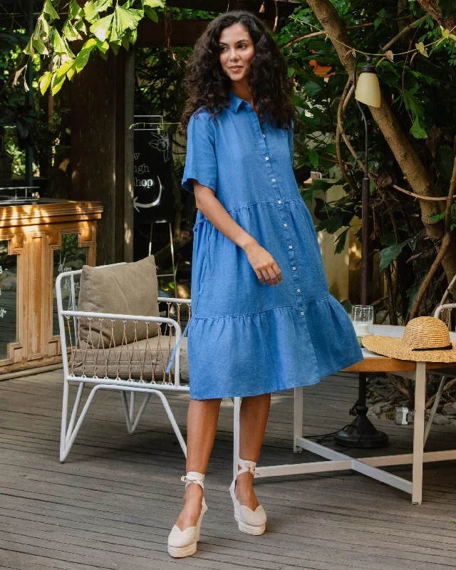 Tiered linen dress PETRA in Cobalt blue