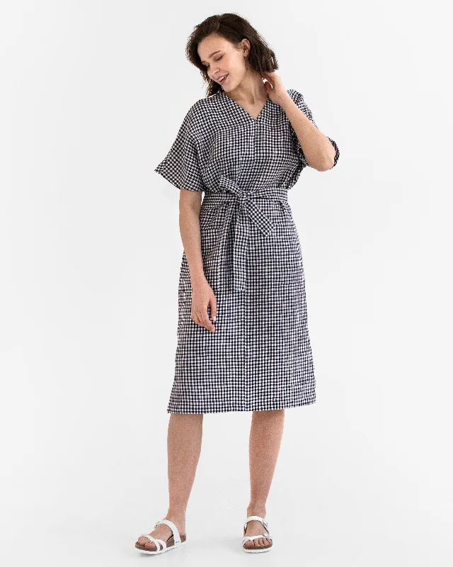 V-neck linen dress CHANIA in Black gingham