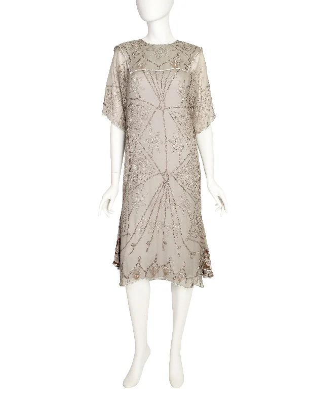 Zandra Rhodes Vintage Shell Rope Rhinestone Grey Silk Chiffon Sheer Dress