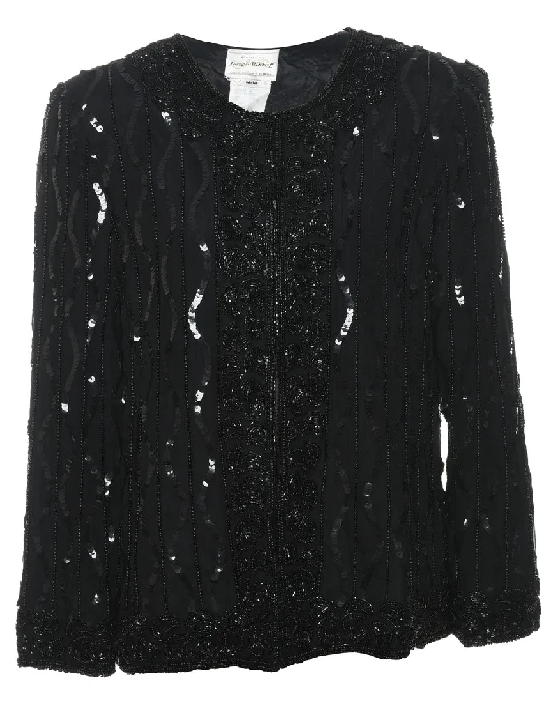 Silk Beaded Black 1980s Evening Jacket - M