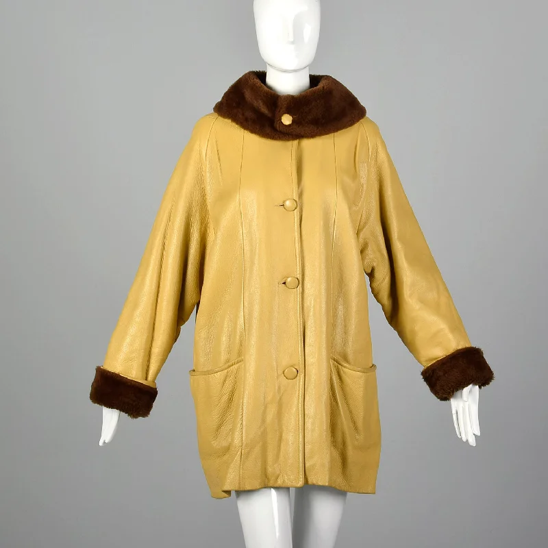 1960s Mustard Yellow Leather Jacket with Brown Faux Fur Trim Knit Fabric Woven Fabric Fleece Fabric