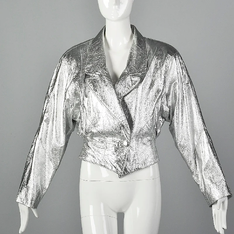 1980s Lillie Rubin Metallic Silver Jacket Front Pockets Side Pockets Patch Pockets