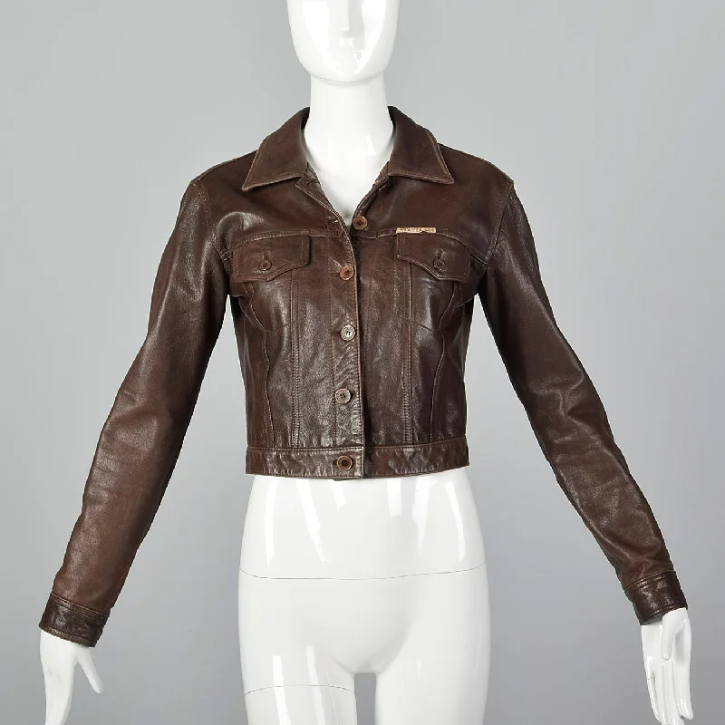 1990s Paco Rabanne Brown Leather Jacket A-Line Jacket Boat Neck Shawl Collar