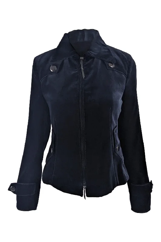 Akris Vintage Womens Dark Blue Velvet Zip Front Jacket, 1990s Faux Fur Jacket Real Fur Jacket Shearling Jacket Akris Vintage Womens Dark Blue Velvet Zip Front Jacket, 1990s Faux Fur Jacket Real Fur Jacket Shearling Jacket