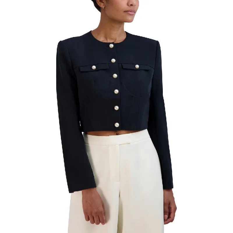 BCBGMAXAZRIA Womens Crew Neck Button Cuff Shirt Jacket Front Pockets Side Pockets Patch Pockets BCBGMAXAZRIA Womens Crew Neck Button Cuff Shirt Jacket Front Pockets Side Pockets Patch Pockets