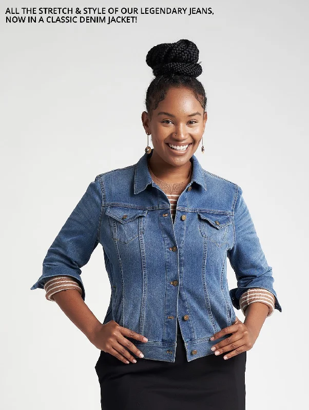 Yoga Denim Jacket (Medium Wash) Tiered Jacket Buttoned Jacket Zippered Jacket