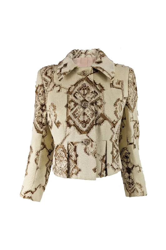 Carven Vintage Cream Wool Brocade Tapestry Jacket, 1960s Zippered Front Buttoned Front Snap Front Carven Vintage Cream Wool Brocade Tapestry Jacket, 1960s Zippered Front Buttoned Front Snap Front