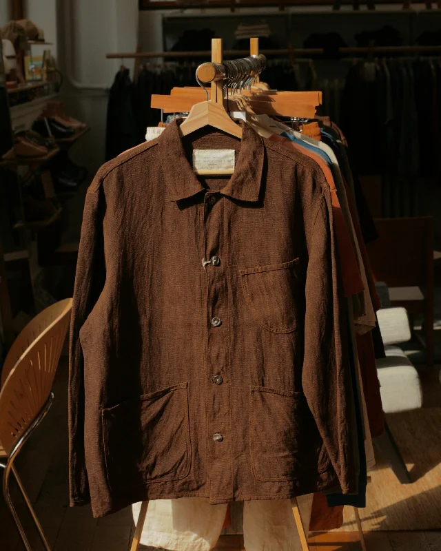 Chocolate Brown Cutch & Iron Hand-Dyed Hemp Work Jacket A-Line Jacket Boat Neck Shawl Collar Chocolate Brown Cutch & Iron Hand-Dyed Hemp Work Jacket A-Line Jacket Boat Neck Shawl Collar