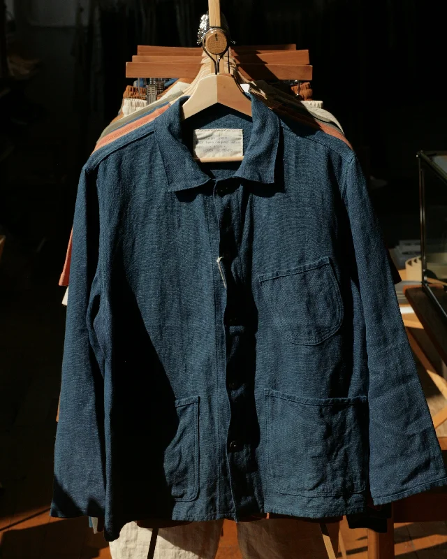 Organic Indigo Hand-Dyed Hemp Work Jacket Zippered Front Buttoned Front Snap Front