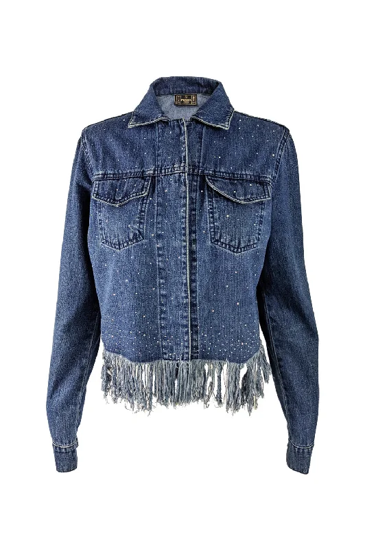Fendi Vintage Womens Y2K Rhinestone Frayed Fringed Denim Jacket, 1990s Striped Jacket Polka Dot Jacket Floral Jacket Fendi Vintage Womens Y2K Rhinestone Frayed Fringed Denim Jacket, 1990s Striped Jacket Polka Dot Jacket Floral Jacket